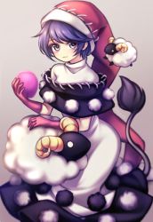 Rule 34 | 1girl, :3, animal, blue eyes, blue hair, colored eyelashes, doremy sweet, dream soul, dress, gloves, hat, holding, looking at viewer, miy 001, nightcap, pink gloves, pom pom (clothes), red hat, sheep, short hair, simple background, solo, tail, tapir tail, touhou, turtleneck, white dress
