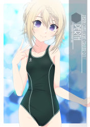 Rule 34 | 1girl, artist name, blonde hair, braid, braided bun, character name, collarbone, competition swimsuit, cowboy shot, flat chest, green one-piece swimsuit, hair between eyes, hair bun, hexagon, highres, honeycomb (pattern), honeycomb background, inaba shiki, kantai collection, logo, long hair, looking at viewer, one-hour drawing challenge, one-piece swimsuit, perth (kancolle), purple eyes, smile, solo, standing, swimsuit, v