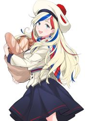 Rule 34 | 10s, 1girl, :d, beret, black skirt, blonde hair, blue eyes, blue hair, bread, commandant teste (kancolle), food, hat, jacket, kantai collection, long hair, long sleeves, morinaga miki, multicolored clothes, multicolored hair, multicolored scarf, open mouth, pom pom (clothes), red hair, scarf, simple background, skirt, smile, solo, white background, white jacket