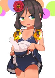 Rule 34 | 1girl, animal, bad id, bad twitter id, bare arms, bare shoulders, bird, blue dress, blue one-piece swimsuit, blush, brown hair, collarbone, commentary, cowboy shot, dark-skinned female, dark skin, dress, fang, fingernails, flower, green eyes, hair flower, hair ornament, highres, inactive account, long hair, looking at viewer, one-piece swimsuit, open mouth, original, red flower, sidelocks, simple background, skirt basket, sleeveless, sleeveless dress, solo, surio, swimsuit, swimsuit under clothes, symbol-only commentary, white background
