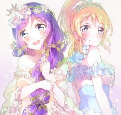 Rule 34 | 10s, 2girls, :d, ayase eli, bad id, bad pixiv id, bare shoulders, blonde hair, blue eyes, blush, flower, frills, hair flower, hair ornament, head wreath, long hair, looking at viewer, love live!, love live! school idol festival, love live! school idol project, multiple girls, open mouth, plant, ponytail, purple hair, satoimo chika, smile, tiara, tojo nozomi, twintails, vines