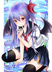Rule 34 | 1girl, bat wings, between legs, black sailor collar, black skirt, black thighhighs, black wings, blouse, blue hair, blush, closed mouth, commentary request, crystal, dakkusu, fang, fang out, hair between eyes, hair ribbon, hand between legs, highres, looking at viewer, neckerchief, pleated skirt, puffy short sleeves, puffy sleeves, red eyes, red neckerchief, red ribbon, remilia scarlet, ribbon, sailor collar, school uniform, seiza, serafuku, shirt, short sleeves, side ponytail, sitting, skirt, smile, solo, thighhighs, touhou, twitter username, white shirt, wings