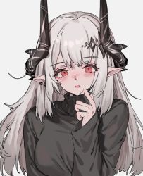 Rule 34 | 1girl, aogisa, arknights, black sweater, breasts, demon horns, ear piercing, grey hair, hair ornament, hand up, highres, horns, long hair, long sleeves, looking at viewer, medium breasts, mudrock (arknights), open mouth, piercing, pointy ears, red eyes, simple background, solo, straight-on, sweater, turtleneck, turtleneck sweater, upper body, white background