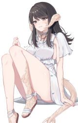 Rule 34 | 1girl, absurdres, au ra, black hair, blush, brown eyes, closed mouth, commentary, dragon girl, dragon horns, dragon tail, dress, final fantasy, final fantasy xiv, finger heart, highres, horns, invisible chair, jewelry, light smile, long hair, necklace, panties, pantyshot, ring, sana (sanamaru 0w0), sandals, scales, sidelocks, signature, simple background, sitting, sleeveless, sleeveless dress, solo, tail, underwear, warrior of light (ff14), white background, white dress, white footwear, white panties