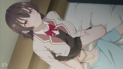 Rule 34 | 1boy, 1girl, artist logo, bed, bedroom, black skirt, blush, bow, bowtie, breasts, brother and sister, brown hair, commentary, english commentary, green pajamas, hair between eyes, hands on own legs, highres, incest, indoors, keihh, kuze masachika, lapels, long hair, looking up, naughty face, no panties, notched lapels, on bed, pajamas, parted lips, pleated skirt, red bow, red bowtie, school uniform, seiren academy school uniform, siblings, sitting, sitting on face, sitting on person, skirt, smile, smug, spread legs, suou yuki, thighs, tokidoki bosotto roshia-go de dereru tonari no alya-san