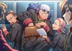 4boys against_locker bag black_jacket black_pants blue_hair brown_bag brown_hair cape dolustoy dreadlocks facial_mark genda_koujirou goggles henmi_wataru highres holding holding_paper inazuma_eleven inazuma_eleven_(series) jacket jimon_daiki kidou_yuuto locker locker_room long_hair looking_at_another male_focus multiple_boys oono_densuke pants paper pink_hair red_cape school_bag school_uniform sweatdrop teikoku