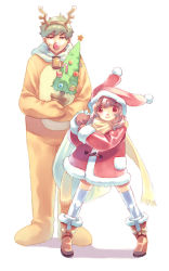 Rule 34 | 1boy, 1girl, animal costume, christmas, hirano katsuyuki, reindeer costume, sack, santa costume, thighhighs