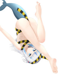 Rule 34 | 1girl, absurdres, ass, barefoot, blue eyes, blunt bangs, caution tape, censored nipples, commentary request, convenient censoring, feet, fins, fish tail, flat chest, full body, gawr gura, gills, grey hair, hair ornament, highres, hololive, hololive english, legs, long hair, long legs, looking at viewer, multicolored hair, naked ribbon, ribbon, shark&#039;d, shark girl, shark tail, shiny skin, simple background, soles, solo, streaked hair, tail, tamagotozi3420, thighs, toenails, toes, two side up, upside-down, virtual youtuber, white background