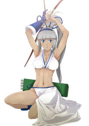 Rule 34 | 1girl, armpits, arms up, arrow (projectile), asymmetrical clothes, blue eyes, bow (weapon), breasts, cleavage, collarbone, crop top, dark-skinned female, dark skin, gloves, grey hair, hair ribbon, hamushima, kneeling, large breasts, loincloth, long hair, majikina mina, midriff, navel, on one knee, ponytail, quiver, ribbon, samurai spirits, simple background, snk, solo, squatting, weapon