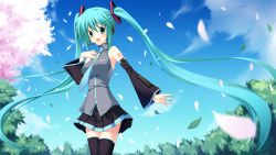 Rule 34 | 1girl, any (trueblue), bad id, bad pixiv id, detached sleeves, green eyes, green hair, hatsune miku, headset, highres, long hair, matching hair/eyes, necktie, petals, skirt, solo, thighhighs, twintails, very long hair, vocaloid, wind, zettai ryouiki