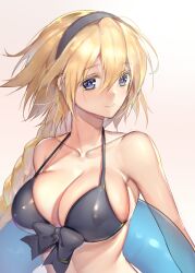 1girl absurdres bare_shoulders bikini black_bikini blonde_hair blue_eyes braid braided_ponytail breasts cleavage collarbone fate/grand_order fate_(series) hairband highres innertube jeanne_d&#039;arc_(fate) jeanne_d&#039;arc_(swimsuit_archer)_(fate) jeanne_d&#039;arc_(swimsuit_archer)_(first_ascension)_(fate) large_breasts long_hair looking_at_viewer mogullaz smile solo swim_ring swimsuit very_long_hair