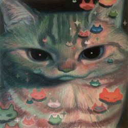 Rule 34 | :3, animal focus, black background, brown fur, cat, close-up, commentary request, highres, karin hosono, looking at viewer, no humans, original, painting (medium), realistic, simple background, sparkle, striped fur, tabby cat, traditional media