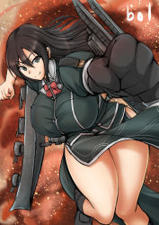 Rule 34 | 10s, 1girl, black footwear, black gloves, black hair, bol (liliymimi), boots, bow, bowtie, breasts, chikuma (kancolle), foreshortening, gloves, green eyes, highres, huge breasts, kantai collection, long hair, long skirt, looking at viewer, pelvic curtain, puffy short sleeves, puffy sleeves, short sleeves, single glove, skirt, smile, solo