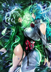 Rule 34 | 2girls, ass, aura, bare legs, black dress, breasts, clothing cutout, collared dress, curly hair, dress, emphasis lines, green eyes, green hair, greyscale, groin, high collar, highres, large breasts, monochrome, multiple girls, navel, no panties, one-punch man, over-rim eyewear, pelvic curtain, psychos (one-punch man), psykos, semi-rimless eyewear, short hair, shoulder cutout, sideways mouth, smile, tatsumaki, telekinesis, the golden smurf, thick thighs, thighs, wide hips