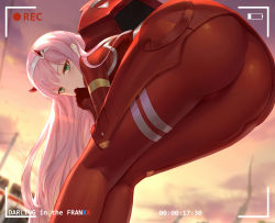 Rule 34 | 10s, 1girl, aqua eyes, arm at side, ass, back, bent over, blunt bangs, bodysuit, cangkong, closed mouth, cloud, cloudy sky, darling in the franxx, from behind, hairband, hand to own mouth, hand up, highres, horns, legs together, long hair, looking at viewer, looking back, makeup, military, military uniform, outdoors, pilot suit, recording, red bodysuit, sky, solo, thighs, uniform, viewfinder, white hairband, wide hips, zero two (darling in the franxx)