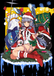 Rule 34 | &gt;:), 10s, 1girl, absurdres, apple, bare legs, black background, blouse, blue ribbon, blunt bangs, blush, boots, bow, box, candy, candy cane, cape, capelet, christmas, christmas ornaments, christmas tree, closed mouth, covered navel, digital media player, dripping, fingerless gloves, food, fruit, full body, fur trim, gift, gift box, gloves, glowing, grass, green bow, grey hair, hair ornament, hair ribbon, hands up, hat, headgear, heart, highres, holding, holding food, holding fruit, holly, kantai collection, knee boots, leaf, legs together, long hair, looking at viewer, machinery, melting, murakumo (kancolle), necktie, polearm, red footwear, red gloves, red hat, red necktie, red ribbon, ribbon, rope, sack, santa costume, santa hat, shirt, short eyebrows, sidelocks, simple background, single glove, sitting, slm, smile, snow, snow globe, snowflakes, snowman, solo, spear, star (symbol), star hair ornament, striped necktie, striped neckwear, striped ribbon, thighs, tress ribbon, v-shaped eyebrows, very long hair, weapon, white shirt, wire, wristband, yellow eyes