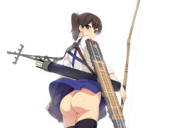 Rule 34 | 10s, 1girl, ass, black thighhighs, blush, bow (weapon), brown eyes, brown hair, clothes lift, commentary request, from behind, japanese clothes, kaga (kancolle), kantai collection, long hair, looking back, munashi mujou, muneate, side ponytail, skirt, skirt lift, solo, thighhighs, upskirt, weapon, wind, wind lift