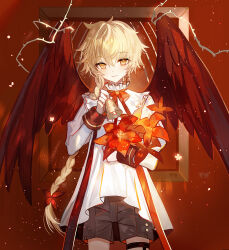 Rule 34 | 1boy, aether (genshin impact), bell, black shorts, blonde hair, braid, brown eyes, closed mouth, cowboy shot, feathered wings, flower, genshin impact, hair between eyes, hair flower, hair ornament, holding, holding bell, juexing (moemoe3345), long hair, long sleeves, looking at viewer, male focus, red flower, red wings, shirt, short sleeves, shorts, single braid, smile, solo, standing, very long hair, white shirt, wings
