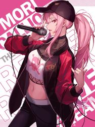 Rule 34 | 1girl, baseball cap, black hat, black jacket, black leggings, breasts, commentary, crop top, hair behind ear, hat, highres, holding, holding microphone, hololive, hololive english, jacket, korean commentary, leggings, long hair, looking back, m/, medium breasts, microphone, midriff, miyo (san pinch ), mori calliope, mori calliope (streetwear), navel, open mouth, pink hair, ponytail, red eyes, shirt, solo, virtual youtuber, white shirt