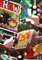Rule 34 | 1girl, 1other, :|, = =, absurdres, alphys, androgynous, artist name, blue sweater, brown hair, child, closed eyes, closed mouth, colored skin, commentary request, confetti, disco ball, frisk (undertale), from below, glasses, gloves, highres, holding, holding microphone, index finger raised, indoors, mettaton, microphone, railing, red button, robot, round eyewear, short hair, sign, sparkle, spotlight, sweat, sweater, undertale, watawata22, white gloves, yellow skin