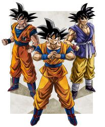 absurdres black_eyes black_hair dougi dragon_ball dragon_ball_daima dragon_ball_gt dragon_ball_super highres in-franchise_crossover looking_at_viewer male_focus multiple_boys multiple_persona muscular muscular_male pants pectorals saiyan shirt short_hair simple_background smile smirk son_goku spiked_hair ushi_(akabec0) wristband