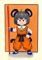 Rule 34 | 1girl, absurdres, ahoge, animal ear fluff, animal ears, belt, black belt, blue footwear, blush, closed mouth, commentary request, cookie (touhou), cosplay, dougi, dragon ball, dragon ball (classic), fingernails, full body, grey hair, highres, holding, holding staff, jewelry, looking at viewer, mouse ears, mouse girl, mouse tail, nazrin, ruyi jingu bang, nyon (cookie), pendant, red eyes, shoes, short hair, smile, solo, son goku, son goku (cosplay), staff, standing, tail, tatamaru5382, touhou, v-shaped eyebrows, wristband