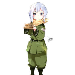 Rule 34 | 1girl, belt, blush, boots, dated, ejami, green pants, kannagi noel, long sleeves, looking at viewer, military, military uniform, pants, pocket, scarf, short hair, silver hair, simple background, solo, sora no woto, standing, uniform, white background, yellow scarf