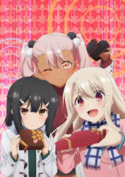 Rule 34 | :d, ;), box, chloe von einzbern, closed mouth, coat, fate/kaleid liner prisma illya, fate (series), floating hair, frown, gift, gift box, hair between eyes, hair bobbles, hair ornament, hairclip, hand on another&#039;s head, heart-shaped box, highres, hiroyama hiroshi, holding, holding box, illyasviel von einzbern, long hair, miyu edelfelt, multiple girls, one eye closed, open mouth, pink coat, pink hair, plaid, plaid scarf, red background, red eyes, scarf, silver hair, smile, twintails, upper body, valentine, white coat, yellow eyes