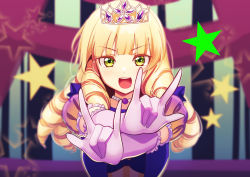 Rule 34 | 1girl, \||/, blonde hair, blue dress, deadnooodles, dress, drill hair, elbow gloves, facing viewer, gloves, green eyes, heanna sumire, jewelry, love live!, love live! superstar!!, necklace, open mouth, outstretched arms, pearl necklace, puffy short sleeves, puffy sleeves, short sleeves, smile, solo, star (symbol), teeth, tiara, upper body, upper teeth only