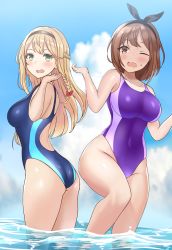 Rule 34 | 2girls, ass, atelier (series), atelier ryza, atelier ryza 1, black hairband, blonde hair, blue one-piece swimsuit, blue sky, braid, breasts, brown eyes, brown hair, cloud, commentary request, commission, competition swimsuit, cowboy shot, curvy, day, green eyes, hairband, highres, klaudia valentz, large breasts, long hair, medium breasts, multiple girls, one-piece swimsuit, one eye closed, outdoors, puramun, purple one-piece swimsuit, reisalin stout, short hair, sky, soaking feet, swimsuit, water, wavy mouth