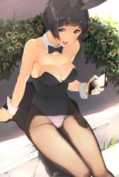 Rule 34 | 1girl, animal ears, bare shoulders, black eyes, black hair, blush, bow, bowtie, breasts, rabbit ears, rabbit tail, cellphone, cleavage, detached collar, fake animal ears, fang, fishnet pantyhose, fishnets, looking at viewer, open mouth, original, pantyhose, phone, playboy bunny, short hair, sitting, smartphone, smile, solo, tail, tsukino wagamo, wrist cuffs