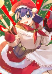 Rule 34 | 1girl, apron, belt, blue eyes, blunt bangs, blush, breasts, brooch, brown shirt, fate/grand order, fate (series), fur trim, hat, jewelry, ladle, long hair, long sleeves, looking at viewer, martha (fate), martha (santa) (fate), medium breasts, mittens, off shoulder, open mouth, pouch, purple hair, red hat, red skirt, santa hat, serisawa, shirt, skirt, smile, solo, white apron