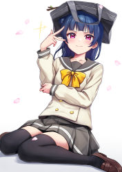 Rule 34 | 1girl, bag on head, blue hair, blush, bow, bowtie, brown footwear, buttons, cherry blossoms, deadnooodles, double-breasted, grey sailor collar, grey shirt, grey skirt, hair bun, highres, loafers, long hair, looking at viewer, love live!, love live! sunshine!!, petals, pleated skirt, purple eyes, sailor collar, school uniform, shirt, shoes, single hair bun, sitting, skirt, smile, solo, thighhighs, thighs, tsushima yoshiko, uranohoshi school uniform, v, wariza, white background, yellow bow, yellow bowtie, zettai ryouiki