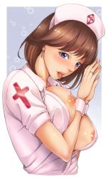 Rule 34 | 1girl, blue eyes, blush, breasts, breasts out, brown hair, female focus, hat, huge breasts, looking at viewer, maimutarou, nipples, nurse, nurse cap, open mouth, original, smile, solo, tongue, tongue out, wrist cuffs