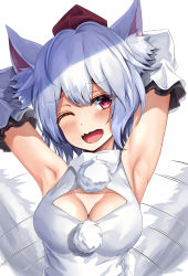 Rule 34 | 1girl, animal ear fluff, animal ears, armpits, bare shoulders, blush, breasts, cleavage, cleavage cutout, clothing cutout, detached sleeves, hat, inubashiri momiji, kaeranu kaeru, large breasts, long hair, one eye closed, open mouth, pom pom (clothes), presenting armpit, red eyes, shirt, short hair, silver hair, sleeveless, sleeveless shirt, solo, tail, tokin hat, touhou, turtleneck, white shirt, wolf ears, wolf tail