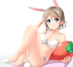 Rule 34 | 10s, 1girl, animal ears, bare shoulders, barefoot, blue eyes, blush, bow, bow bra, bow panties, bra, breasts, brown hair, rabbit ears, rabbit tail, carrot, cleavage, collarbone, feet, full body, grin, inflatable toy, legs, looking at viewer, love live!, love live! sunshine!!, medium breasts, panties, salute, short hair, simple background, single shoe, smile, solo, tail, toes, tucana, underwear, underwear only, watanabe you, white background, white bra, white panties