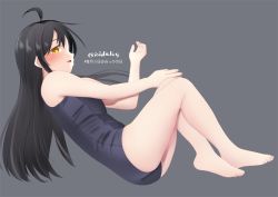 Rule 34 | ahoge, ass, bare legs, barefoot, black hair, black one-piece swimsuit, blush, flat chest, full body, gradient background, grey background, ishida arata, kantai collection, long hair, looking at viewer, looking to the side, mikazuki (kancolle), old school swimsuit, one-piece swimsuit, open mouth, school swimsuit, smile, solo, swimsuit, twitter username, yellow eyes