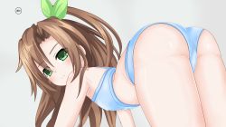 Rule 34 | 1girl, ass, bare shoulders, brown hair, dhipa, covered erect nipples, expressionless, flat chest, from behind, green eyes, hair between eyes, hair ornament, highres, if (neptunia), leaf hair ornament, long hair, looking at viewer, looking back, neptune (series), simple background, solo, underwear, very long hair