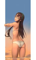 Rule 34 | 1girl, ass, bikini, breasts, dimples of venus, glasses, green eyes, highres, kantai collection, ocean, ooyodo (kancolle), sky, small breasts, smile, stretching, swimsuit, wading, water, white bikini, yuuji (and)