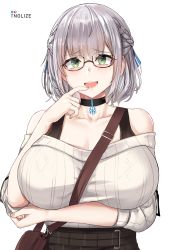 Rule 34 | 1girl, bag, bare shoulders, between breasts, black choker, black straps, blush, braid, breasts, choker, cleavage, finger to mouth, french braid, glasses, green eyes, hair between eyes, handbag, highres, hololive, hololive fantasy, large breasts, off shoulder, open mouth, pixiv username, ribbed sweater, shirogane noel, shirogane noel (casual), short hair, silver hair, skirt, strap between breasts, sweater, tnolize, virtual youtuber, white background, white sweater