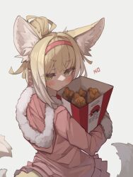 Rule 34 | 1girl, absurdres, alternate costume, alternate hairstyle, animal ears, arknights, blonde hair, blush, brand name imitation, closed mouth, commentary, english commentary, english text, exusiai (arknights), female focus, food, fox ears, fox girl, fox tail, from behind, fur-trimmed sleeves, fur trim, green eyes, hairband, highres, holding, hood, hood down, huge filesize, long hair, long sleeves, looking at viewer, looking back, multicolored hair, ponytail, red hairband, solo, suzuran (arknights), tail, togekk0, two-tone hair, upper body, white hair