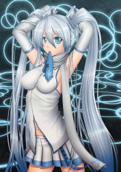 Rule 34 | 1girl, adjusting hair, alternate color, alternate hair color, arms up, blue eyes, blue hair, breasts, detached sleeves, female focus, hatsune miku, kai (link2262), long hair, matching hair/eyes, mouth hold, navel, scarf, skirt, solo, twintails, very long hair, vocaloid, yuki miku