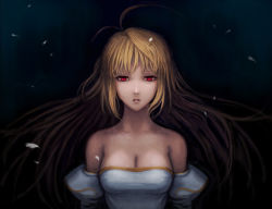 Rule 34 | 00s, 1girl, archetype earth, arcueid brunestud, bare shoulders, blonde hair, breasts, cleavage, detached sleeves, dress, kuroi nyan, large breasts, long hair, red eyes, solo, strapless, strapless dress, tsukihime, type-moon