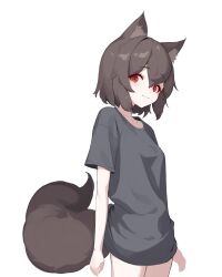 Rule 34 | 1girl, absurdres, animal ear fluff, black shirt, brown hair, ellu, fang, fang out, highres, looking at viewer, no pants, original, red eyes, shirt, short hair, short sleeves, simple background, smile, tail, white background