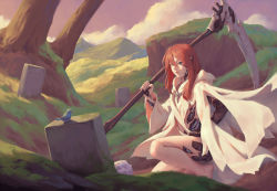 Rule 34 | 1girl, barefoot, bigrbear, bird, blue eyes, cloak, cloud, commentary, cyborg, english commentary, hairband, highres, hill, holding, hood, hooded cloak, joints, long hair, long sleeves, mechanical parts, morning, on one knee, original, outdoors, parted lips, pointy ears, purple sky, red hair, robot joints, scythe, sky, smile, solo, sunlight, tombstone, torn cloak, torn clothes, tree, wide sleeves