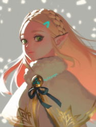 Rule 34 | 1girl, artist name, bellhenge, blonde hair, braid, brooch, capelet, crown braid, forehead, fur collar, green eyes, hair ornament, hairclip, jewelry, long hair, looking at viewer, nintendo, parted bangs, petals, pointy ears, princess zelda, sidelighting, sidelocks, solo, the legend of zelda, the legend of zelda: breath of the wild, thick eyebrows, triforce, white capelet, winter clothes