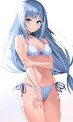 Rule 34 | 1girl, asato (fadeless), backlighting, bare arms, bare shoulders, bikini, blue bow, blue eyes, blue flower, blunt bangs, blush, bow, bow bikini, breasts, cleavage, closed mouth, collarbone, cowboy shot, fingernails, flower, gradient background, grey background, hair flower, hair ornament, hairclip, halterneck, hand on own arm, highres, idolmaster, idolmaster million live!, idolmaster million live! theater days, long hair, looking at viewer, low-tied long hair, medium breasts, navel, shiraishi tsumugi, side-tie bikini bottom, sidelocks, silver hair, smile, solo, standing, stomach, string bikini, swimsuit, very long hair, white background, white bikini, x hair ornament