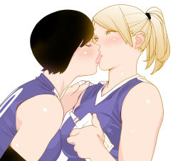 Rule 34 | 2girls, bandages, bandaged fingers, bandages, black hair, blonde hair, commentary request, eyebrows hidden by hair, closed eyes, french kiss, hand on another&#039;s shoulder, highres, kishi torajirou, kiss, looking at another, multiple girls, original, ponytail, short hair, sportswear, volleyball uniform, yuri