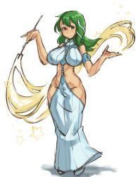 Rule 34 | 1girl, armlet, borvar, breasts, commentary, curvy, dress, english commentary, gohei, green eyes, green hair, groin, hair ornament, highres, impossible clothes, impossible dress, kochiya sanae, large breasts, long dress, long hair, magic, narrow waist, no panties, redrawn, revealing clothes, revision, smile, snake hair ornament, solo, standing, touhou, wide hips