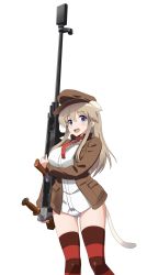 Rule 34 | 1girl, absurdres, animal ears, anti-materiel rifle, blue eyes, bow, bow panties, boys anti-tank rifle, brown hat, brown jacket, cat tail, commentary request, cowboy shot, crotch seam, flat cap, gluteal fold, gun, hat, highres, holding, holding gun, holding weapon, jacket, kaneko (novram58), light brown hair, long hair, long sleeves, looking at viewer, necktie, no pants, open mouth, panties, photoshop (medium), red necktie, red thighhighs, rifle, shirt, simple background, smile, sniper rifle, solo, standing, strike witches: katayoku no majo-tachi, striped clothes, striped thighhighs, tail, thighhighs, underwear, weapon, white background, white shirt, wilma bishop, world witches series